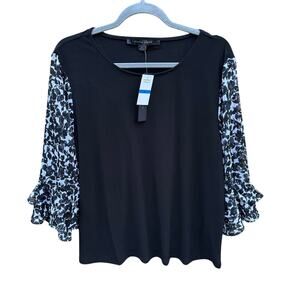 NWT New Cynthia Steffe Womens XL Black Long Ruffle Sleeve Crew Neck Blouse